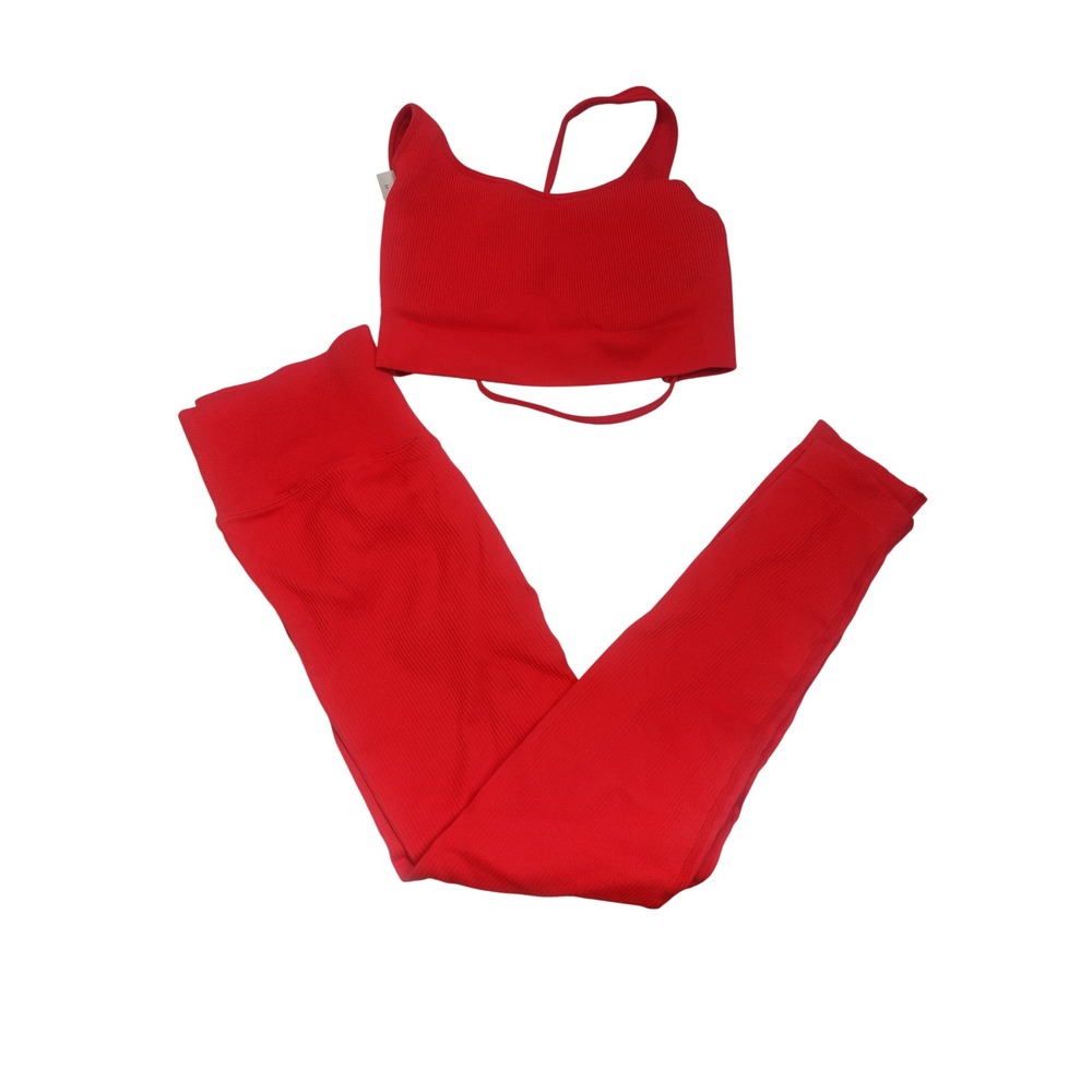 Red Ribbed Seamless Activewear Set Medium Leggings and Sports Bra